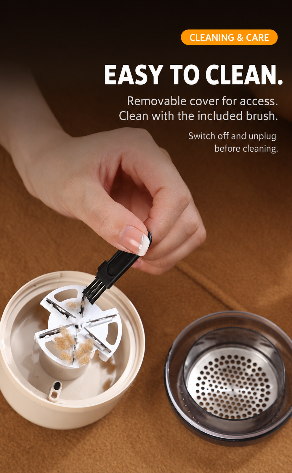 Cleaning brush and removable fabric shaver cover